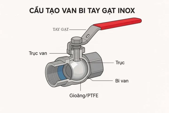 Van Bi Tay Gạt Inox - Đa Dạng Mẫu Mã, Kích Thước 2 Cấu Tạo Van Bi Tay Gạt
