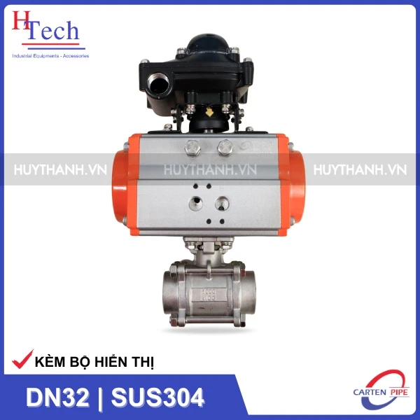 Van Bi Công Nghiệp Nối Hàn DN32 Điều Khiển Khí Nén Inox 304 Kèm Bộ Hiển Thị