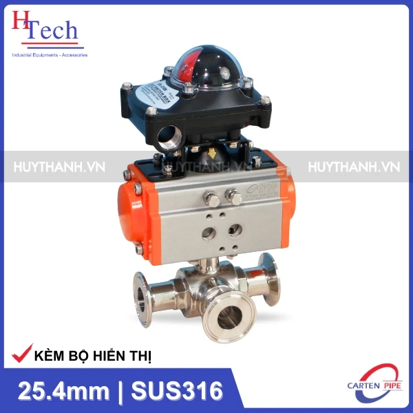 Van Bi Vi Sinh 3 Ngã 25.4mm Điều Khiển Khí Nén Inox 316 Kết Nối Clamp Kèm Bộ Hiển Thị