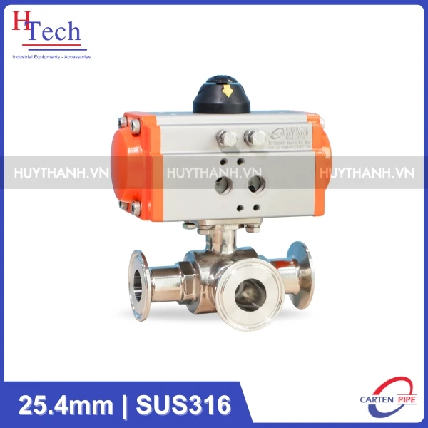 Van Bi Vi Sinh 3 Ngã 25.4mm Điều Khiển Khí Nén Inox 316 Kết Nối Clamp