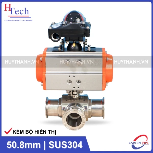 Van Bi Vi Sinh 3 Ngã 50.8mm Điều Khiển Khí Nén Inox 304 Kết Nối Clamp Kèm Bộ Hiển Thị