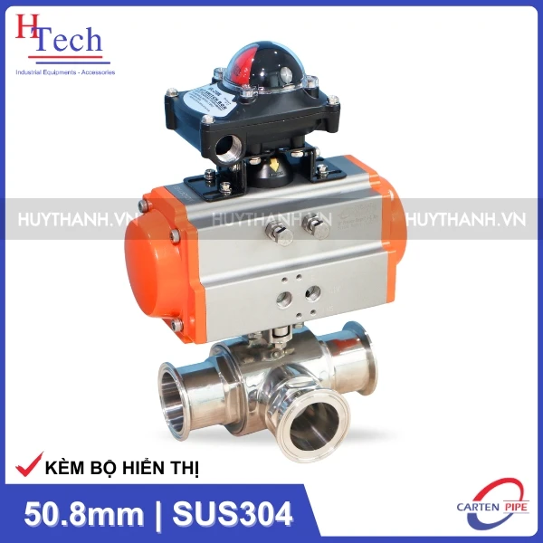 Van Bi Vi Sinh 3 Ngã 50.8mm Điều Khiển Khí Nén Inox 316 Kết Nối Clamp Kèm Bộ Hiển Thị