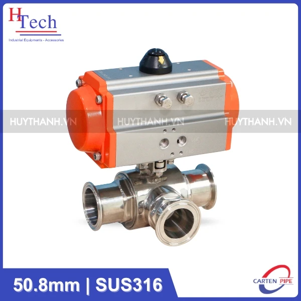 Van Bi Vi Sinh 3 Ngã 50.8mm Điều Khiển Khí Nén Inox 316 Kết Nối Clamp