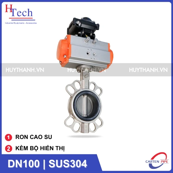 Van Bướm Công Nghiệp DN100 Ron Cao Su Điều Khiển Khí Nén Inox 304 Kèm Bộ Hiển Thị