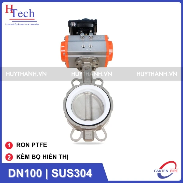 Van Bướm Công Nghiệp DN100 Ron PTFE Điều Khiển Khí Nén Inox 304 Kèm Bộ Hiển Thị