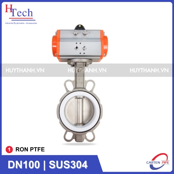 Van Bướm Công Nghiệp DN100 Ron PTFE Điều Khiển Khí Nén Inox 304