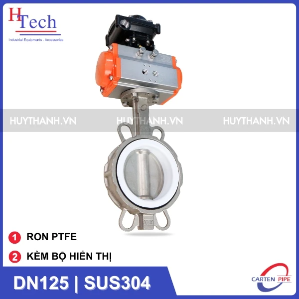 Van Bướm Công Nghiệp DN125 Ron PTFE Điều Khiển Khí Nén Inox 304 Kèm Bộ Hiển Thị