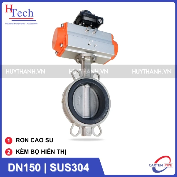 Van Bướm Công Nghiệp DN150 Ron Cao Su Điều Khiển Khí nén Inox 304 Kèm Bộ Hiển Thị