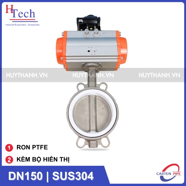Van Bướm Công Nghiệp DN150 Ron PTFE Điều Khiển Khí Nén Inox 304 Kèm Bộ Hiển Thị