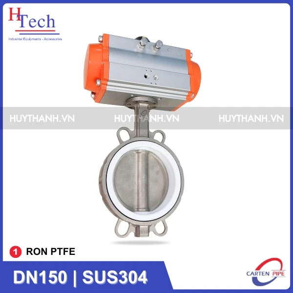 Van Bướm Công Nghiệp DN150 Ron PTFE Điều Khiển Khí Nén Inox 304
